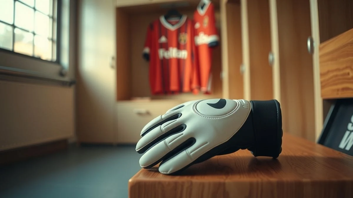 Illustrative image: a football goalkeeper's glove on a wooden bench in an empty changing room