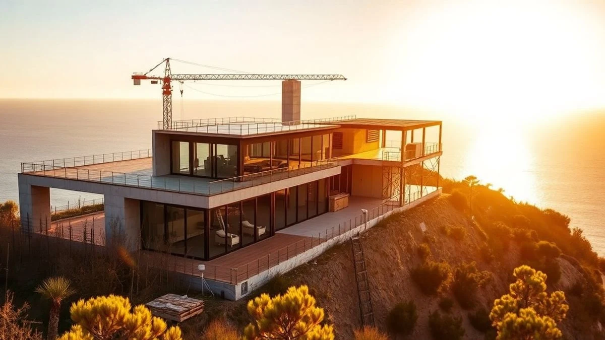 Modern villa under construction with views of the Mediterranean Sea at sunset