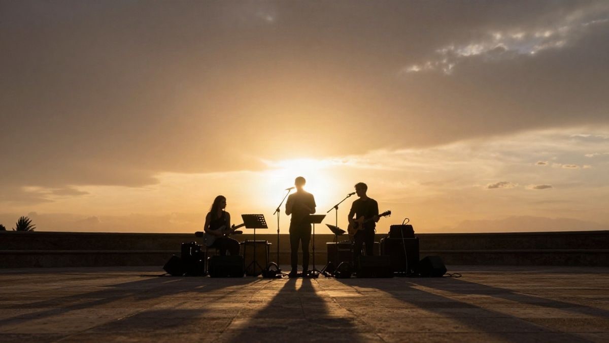 Imagen ilustrativa: siluetas de un escenario al aire libre con instrumentos al atardecer