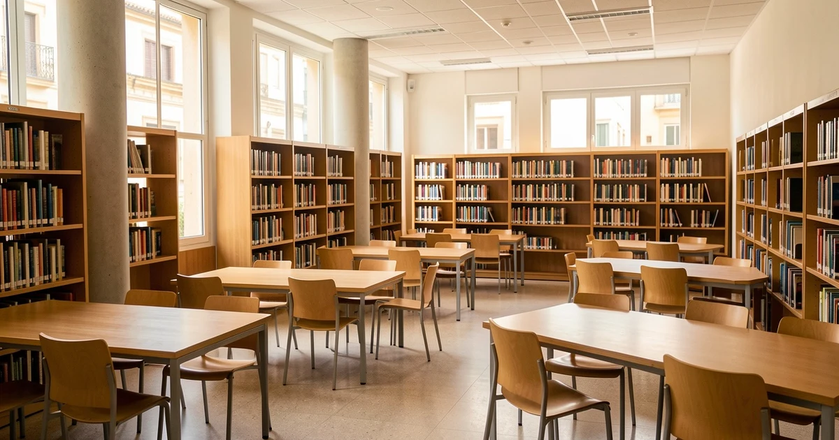 Interior of a municipal library with empty study tables and shelves