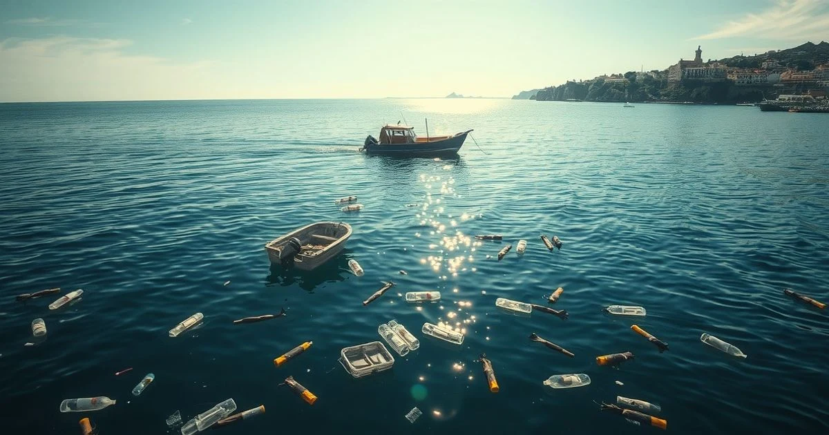 Aerial view of a cleaning boat collecting floating waste in the Mediterranean Sea, with the coast in the background