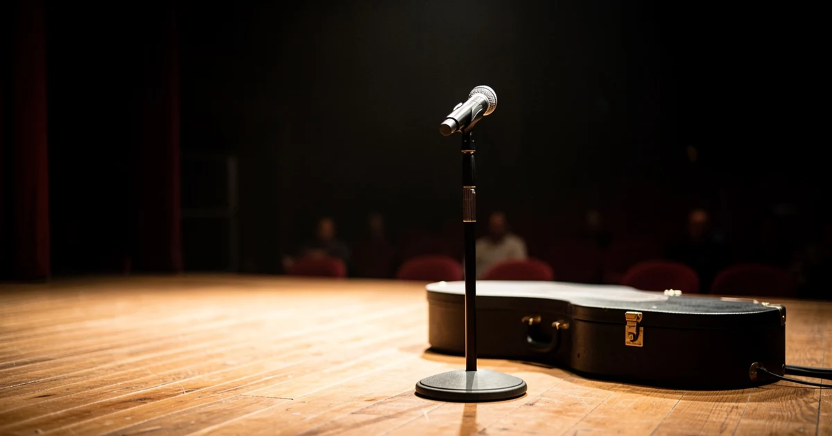 Micrófono sobre un escenario vacío con una funda de guitarra al lado, iluminación dramática