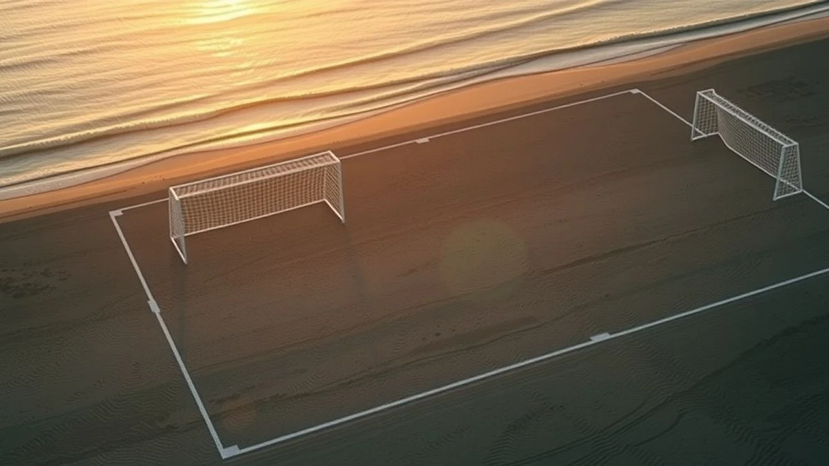 Imagen ilustrativa: vista aérea de un campo de fútbol playa en la arena al atardecer, con porterías y líneas marcadas, sin jugadores.