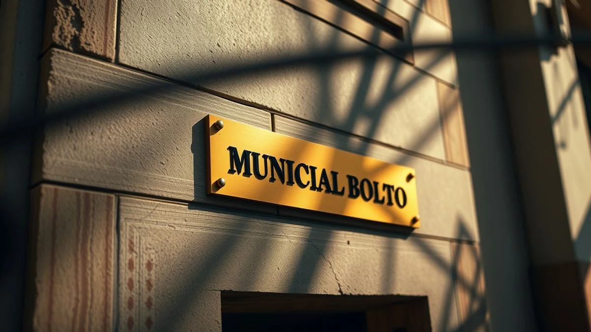 Illustrative image: detail of a bronze plaque on the facade of a renovated municipal building