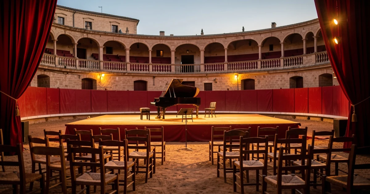 Empty bullring at sunset with stage and piano for a lyrical festival
