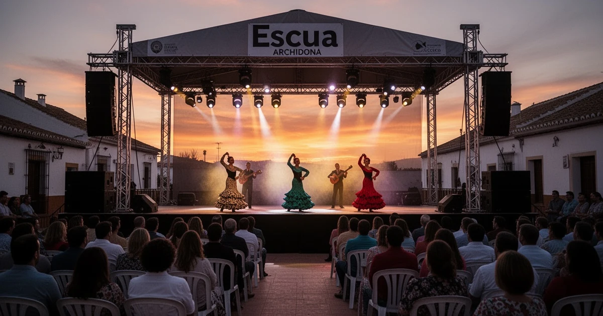 Flamenco performance at Escua venue in Archidona, Spain, with stage lights and audience in background.
