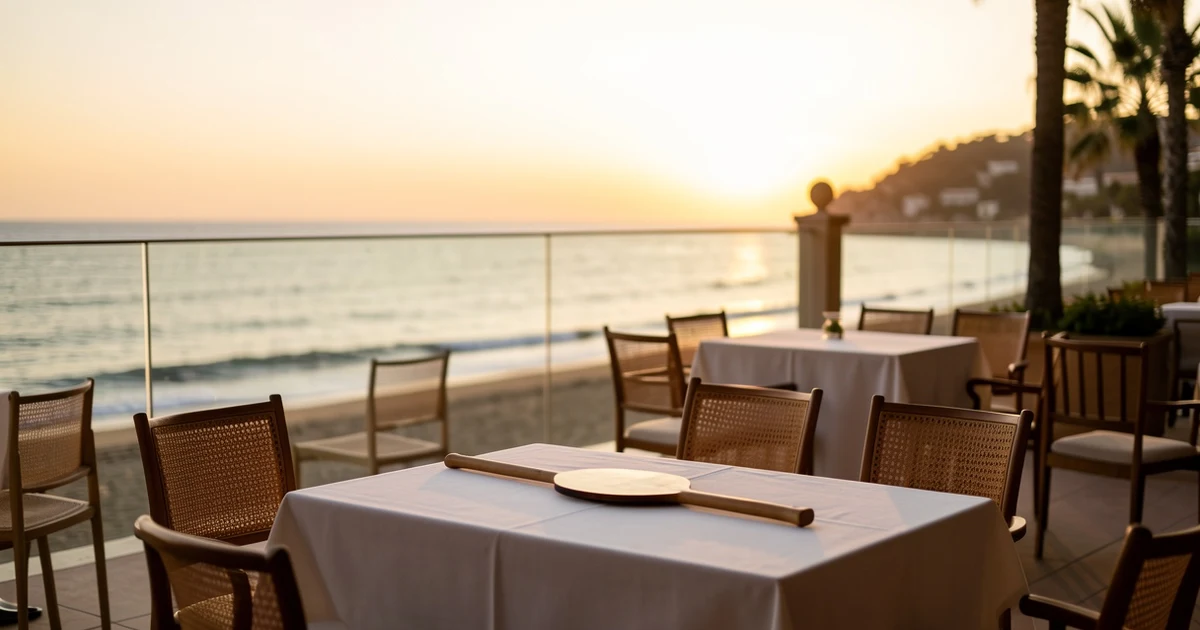 Sunset at a luxury beach club in Marbella with empty tables and an auction palette on a table