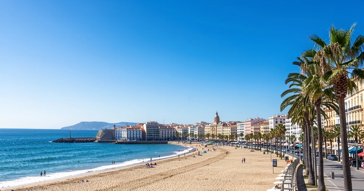 Vista de la playa de Málaga con palmeras y cielo despejado