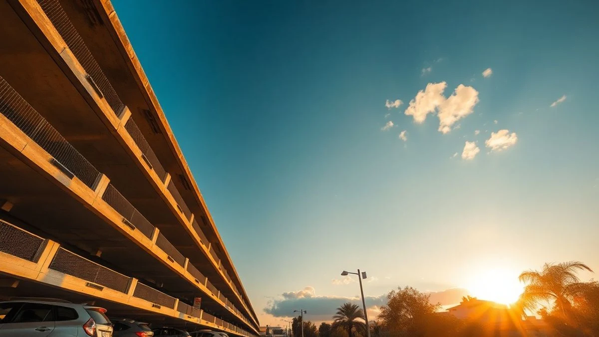 Imagen ilustrativa: fachada de un aparcamiento de varias plantas con plazas vacías, iluminada por la luz del atardecer