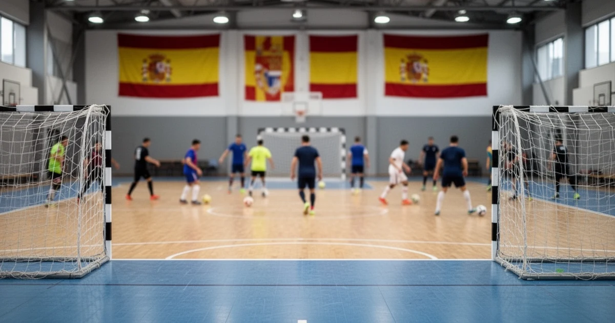 Pista de fútbol sala vacía con porterías y gradas de fondo