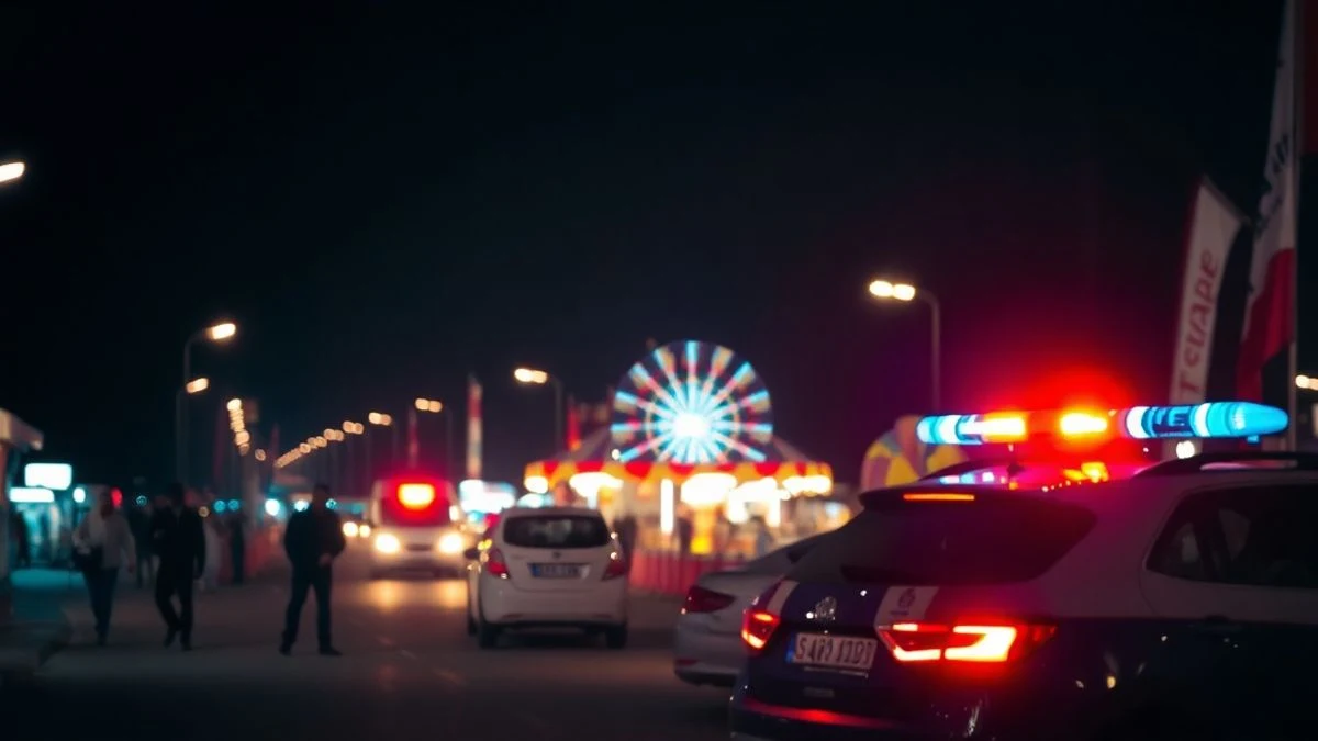 Imagen ilustrativa: un recinto ferial iluminado de noche con un vehículo policial en primer plano y luces de fondo.