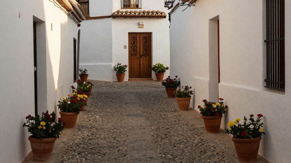 Imagen ilustrativa: calle de pueblo blanco andaluz con macetas y flores en las paredes
