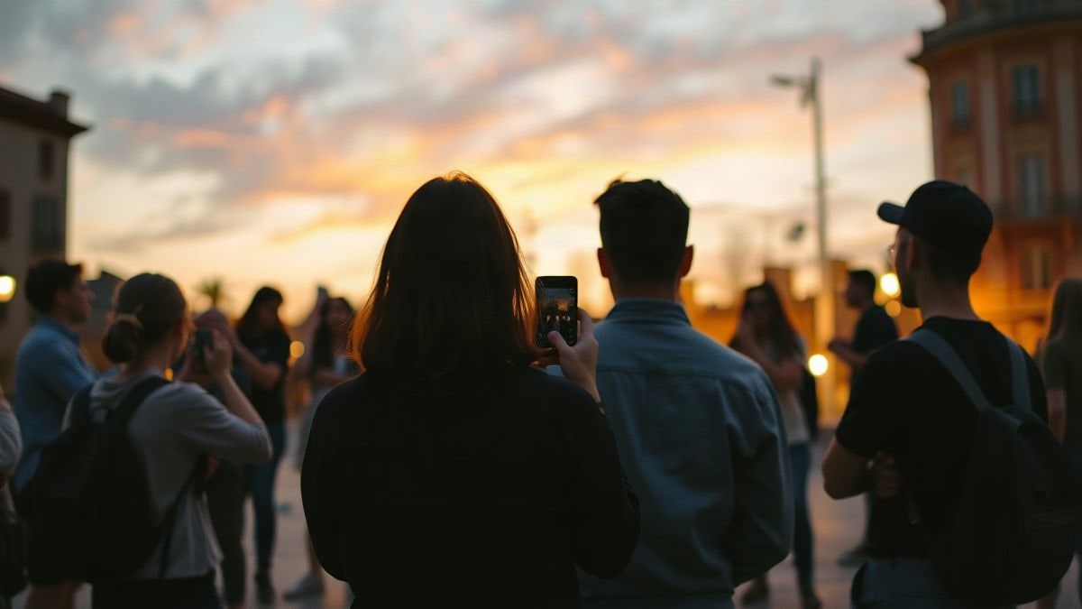 Imagen ilustrativa: un grupo de jóvenes de espaldas en círculo en una plaza al atardecer, con algunos sosteniendo altavoces y móviles.