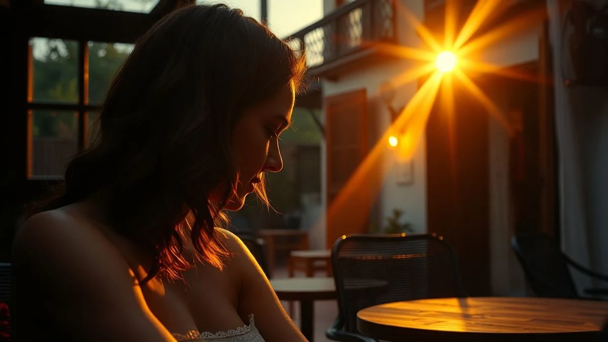 Imagen ilustrativa: mantones y volantes colgados en un patio andaluz al atardecer, con contraluz y sombras largas