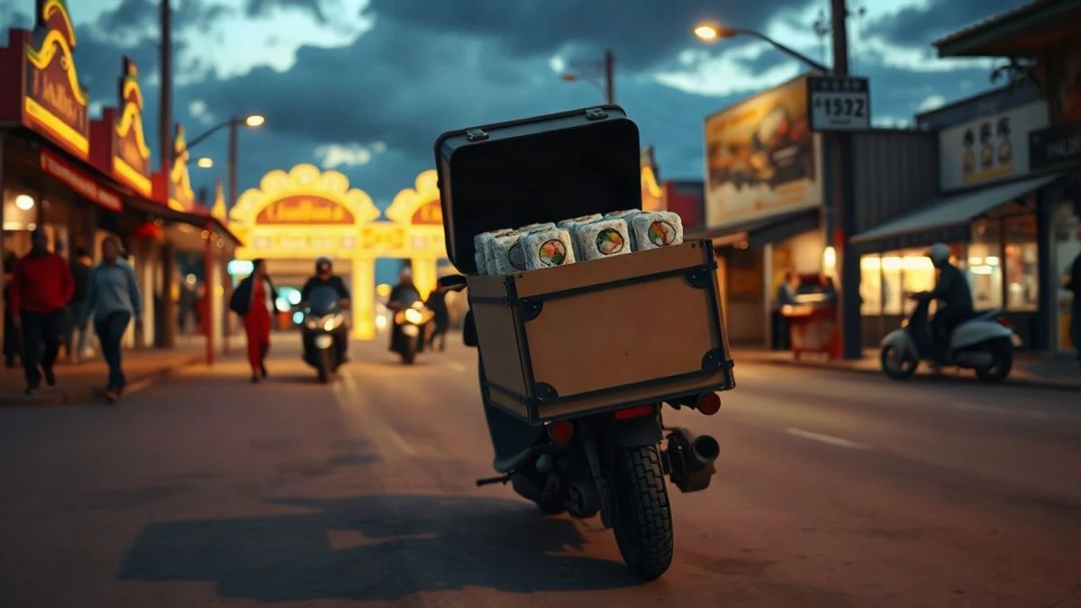 Imagen ilustrativa: una motocicleta de reparto con un baúl abierto que contiene paquetes de sushi, en una calle de un recinto ferial al atardecer.