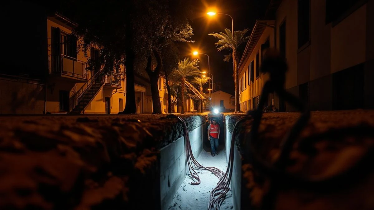 Imagen ilustrativa: zanja en una calle residencial con cableado eléctrico subterráneo iluminado por farolas.