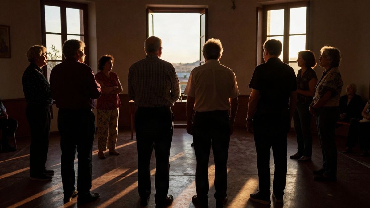 Imagen ilustrativa: siluetas de personas mayores en un salón de actos con luz de atardecer