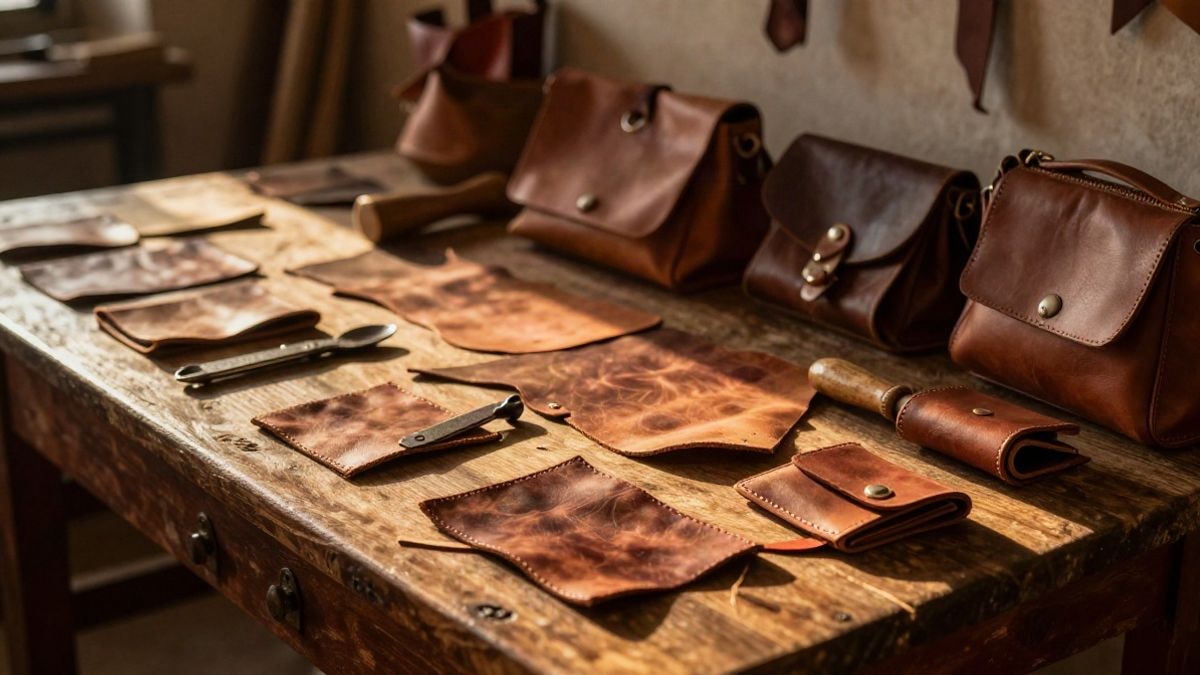 Illustrative image: artisan's table with tools and leather pieces backlit at sunset