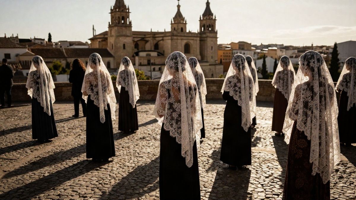 Imagen ilustrativa: vista cenital de un desfile de mantillas por una calle empedrada con la torre de una catedral al fondo.