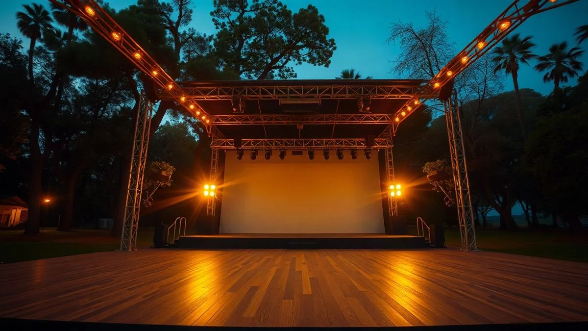 Illustrative image: empty stage of an outdoor auditorium in a park at sunset, with decorative lights and wooden floor.