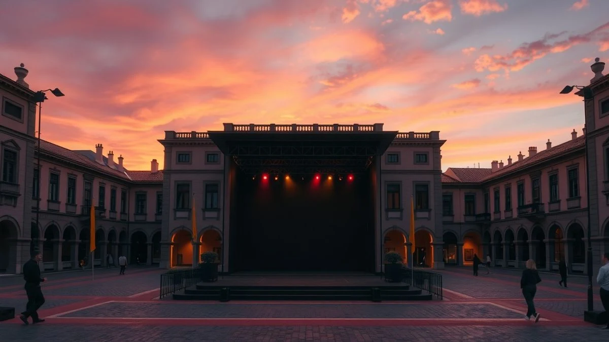 Escenario de verbena al atardecer con siluetas de micrófono y altavoces, fondo desenfocado de plaza con iglesia