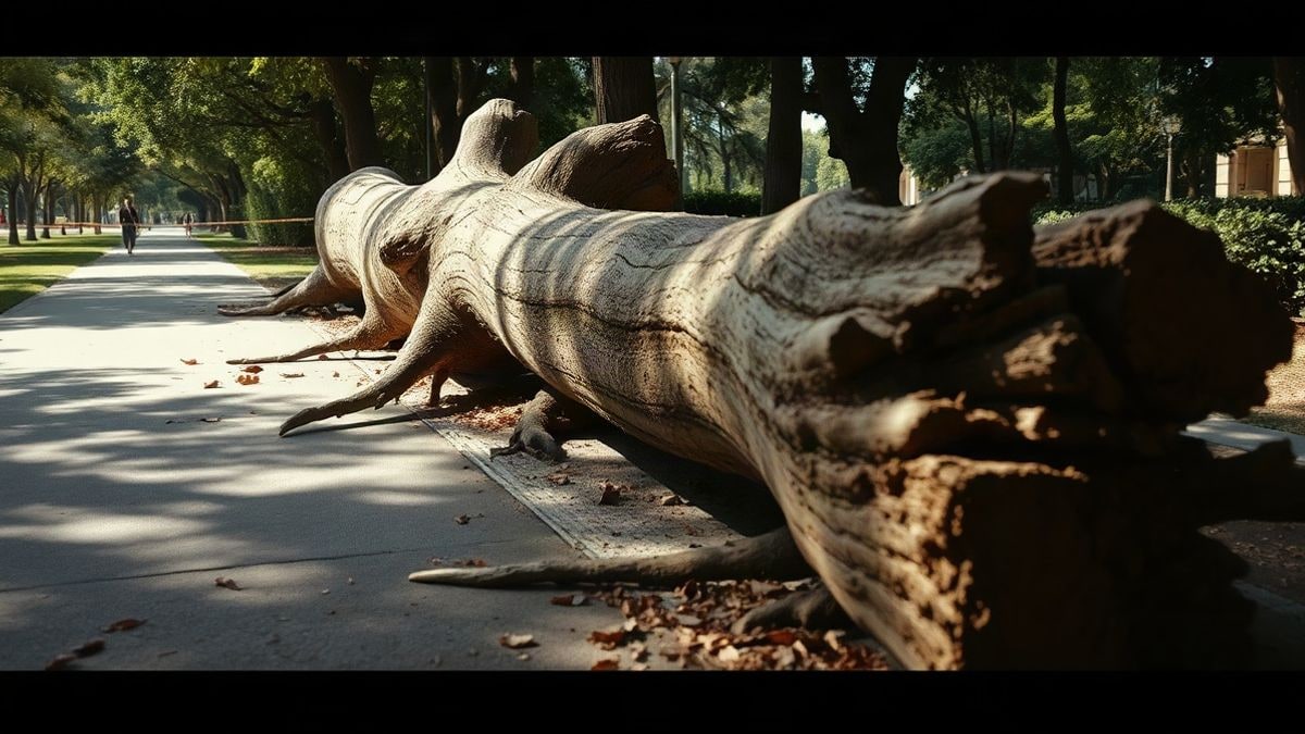 Imagen ilustrativa: un árbol caído con raíces al aire sobre un sendero de un parque urbano, con luz natural y profundidad de campo reducida.