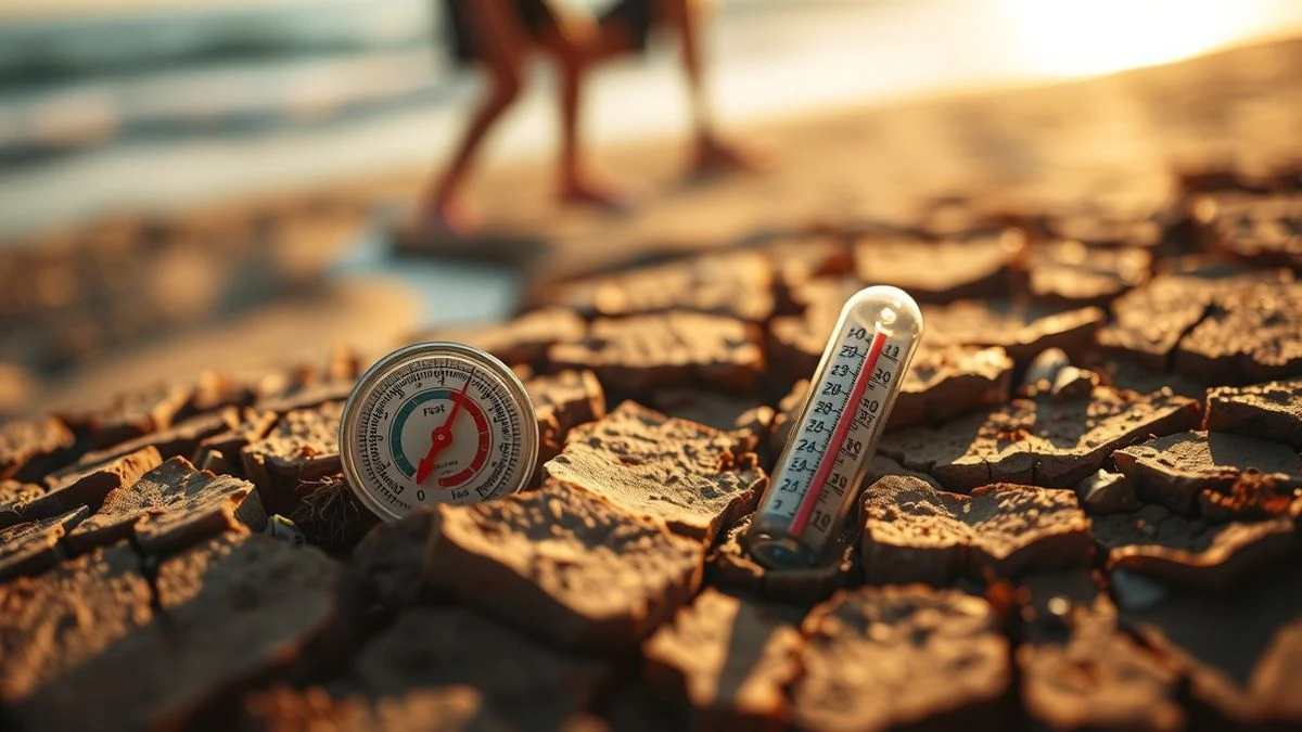 Termómetro semienterrado en suelo agrietado y seco, con fondo de playa borroso y luz cálida