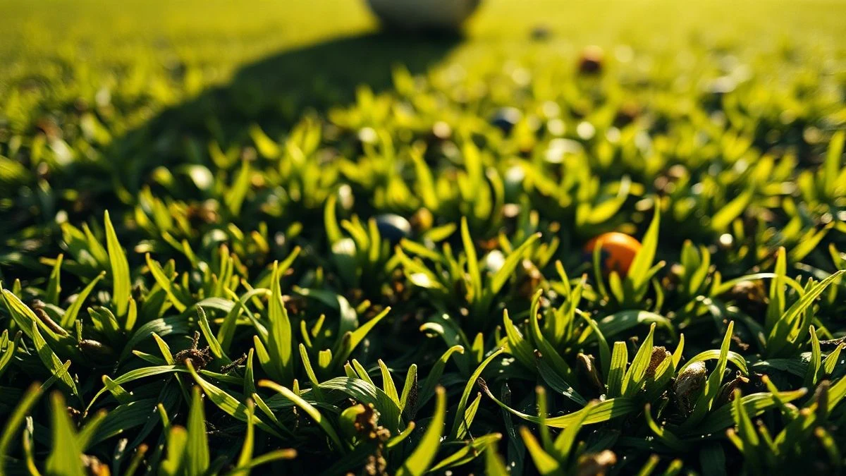 Illustrative image: close-up of artificial grass with a football, dramatic natural light