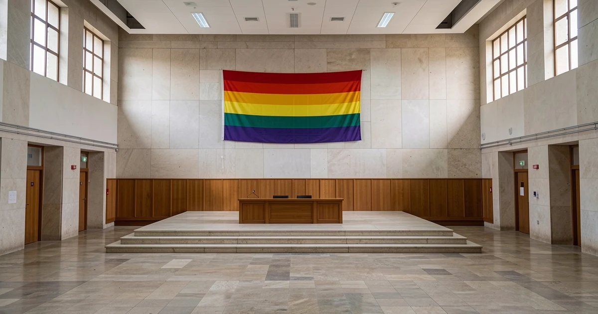 Salón vacío con bandera arcoíris y atril para lectura de manifiesto