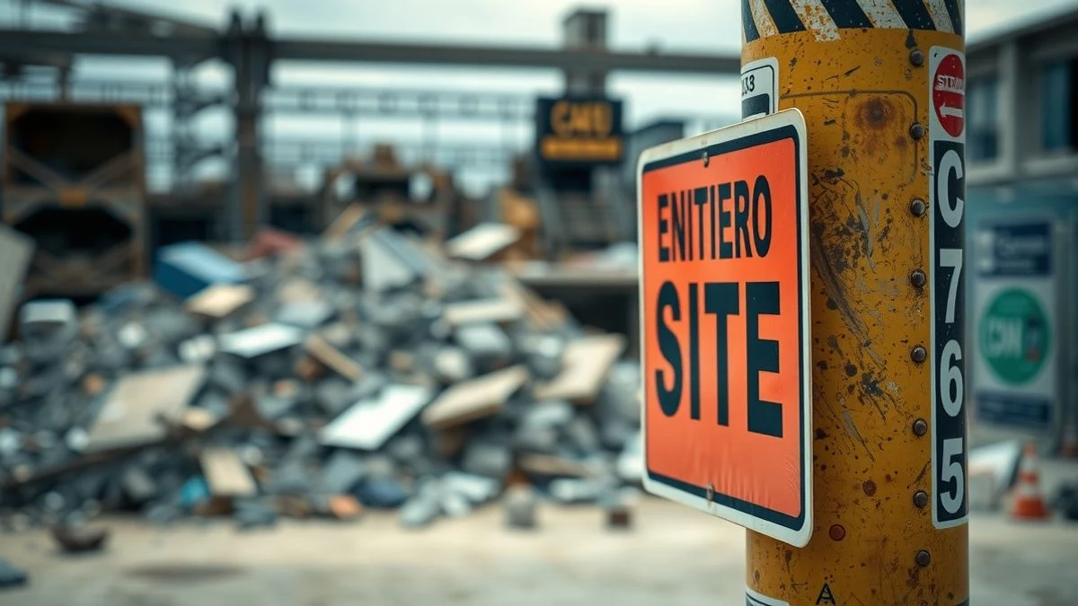Cartel de obras en un polígono industrial con escombros de fondo