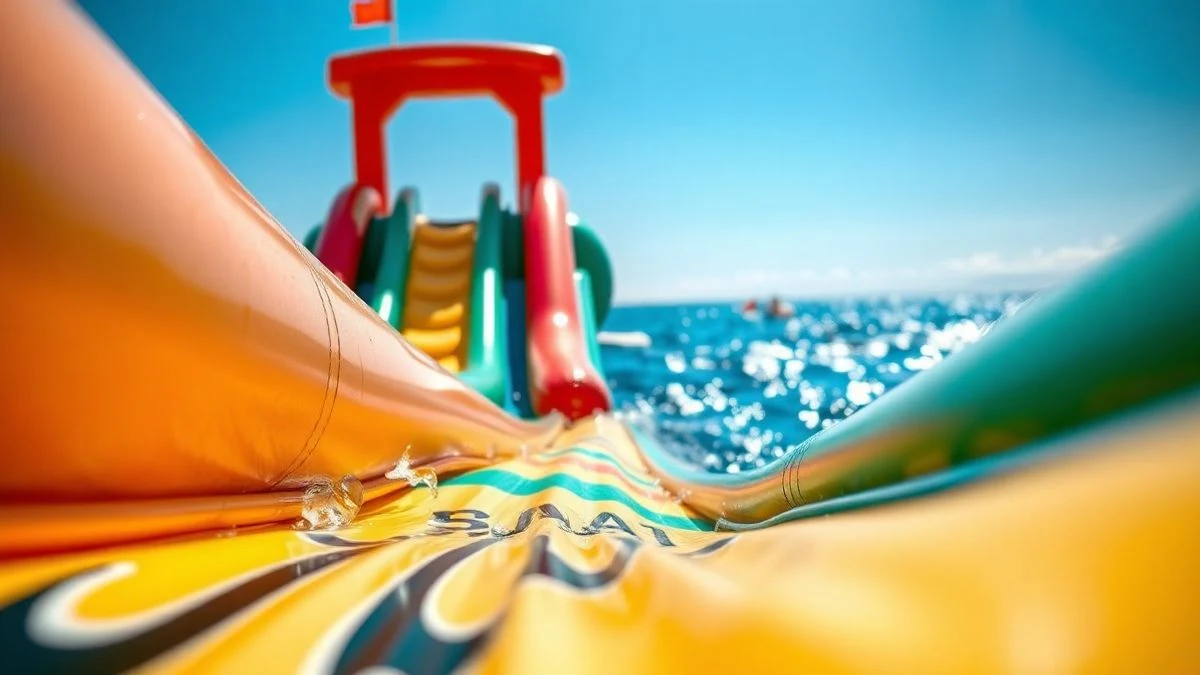 Close-up of a yellow and blue inflatable slide over the sea, with a clear sky in the background.