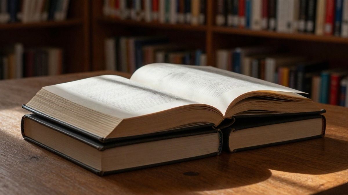 Illustrative image: detail of stacked books on a wooden table in a reading room with natural light