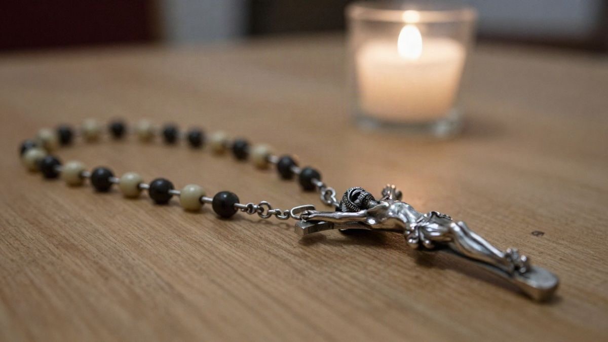 Illustrative image: a rosary with a silver crucifix on a wooden surface lit by a candle