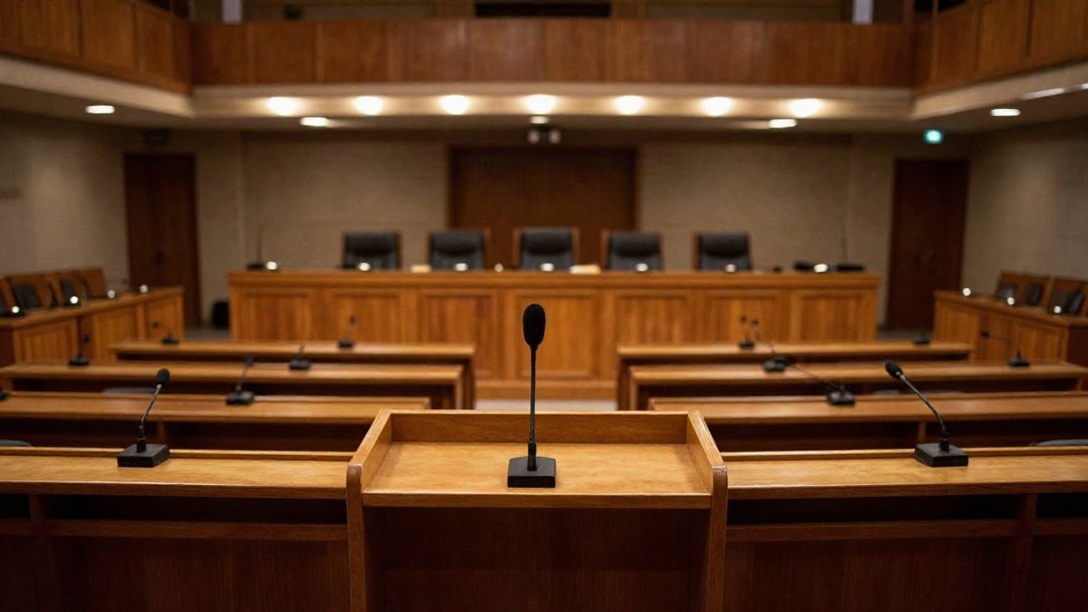 Imagen ilustrativa: sala de debate vacía con escaños de madera y micrófonos bajo luz artificial nocturna