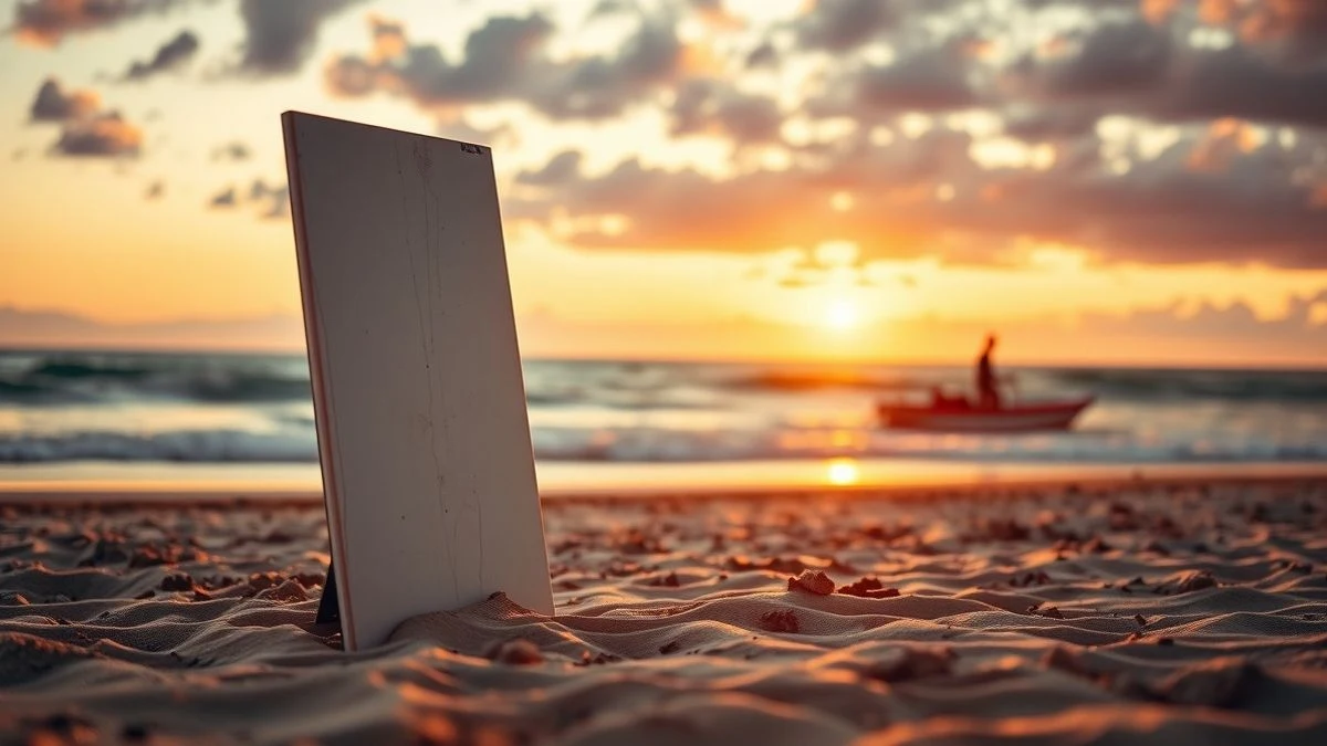 Tabla de paddle surf en la arena de la playa de Carvajal al atardecer