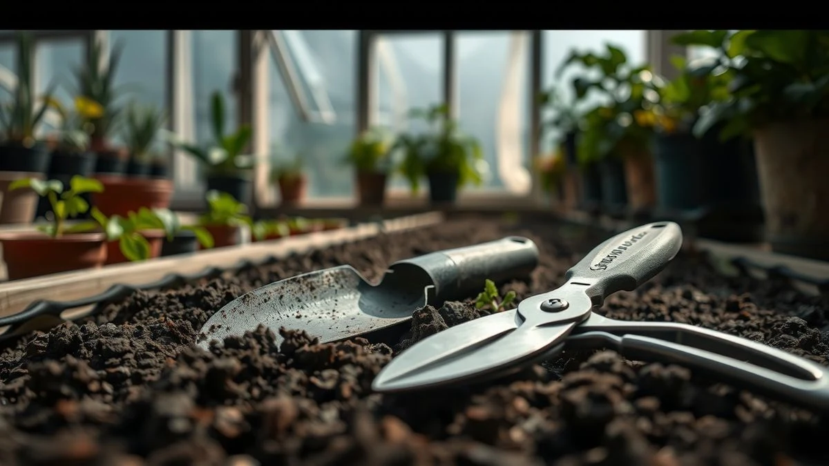 Gardening tools on soil in a greenhouse