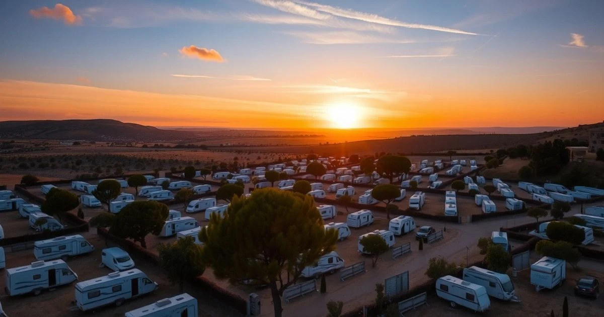 Vista aérea de un camping vacío en un entorno natural en Antequera al atardecer