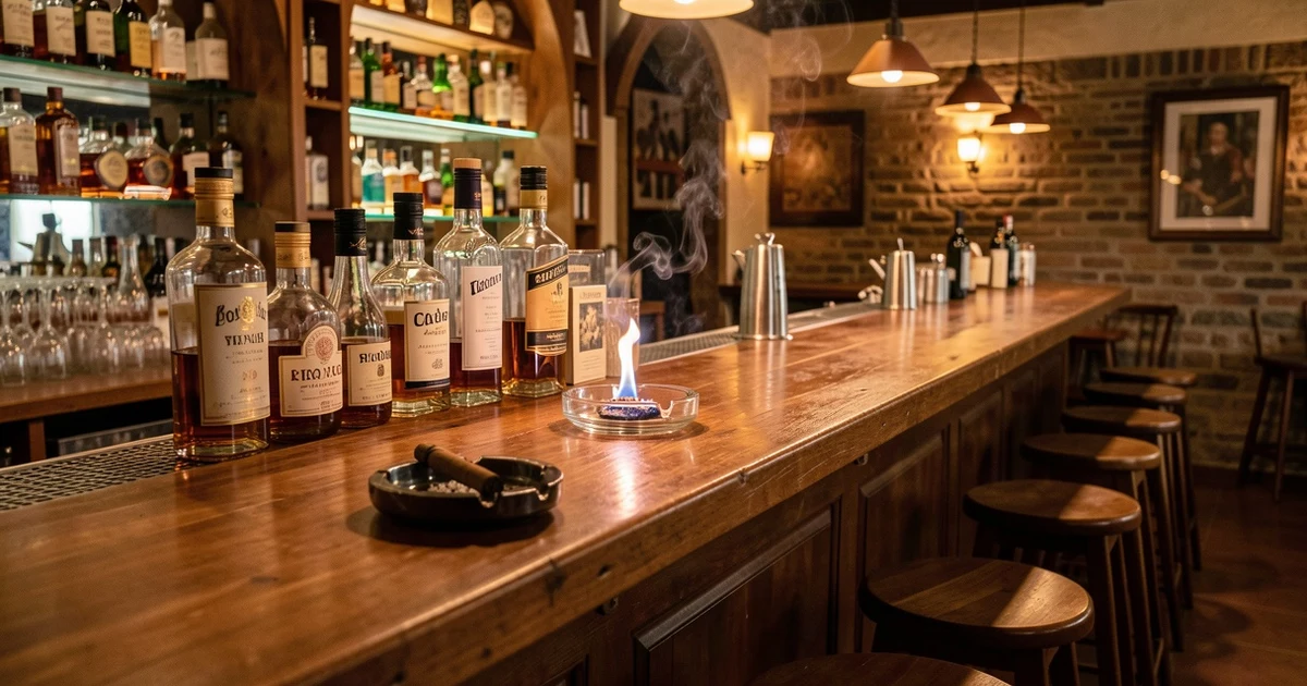 Interior of a cocktail bar with a wooden counter and premium bottles