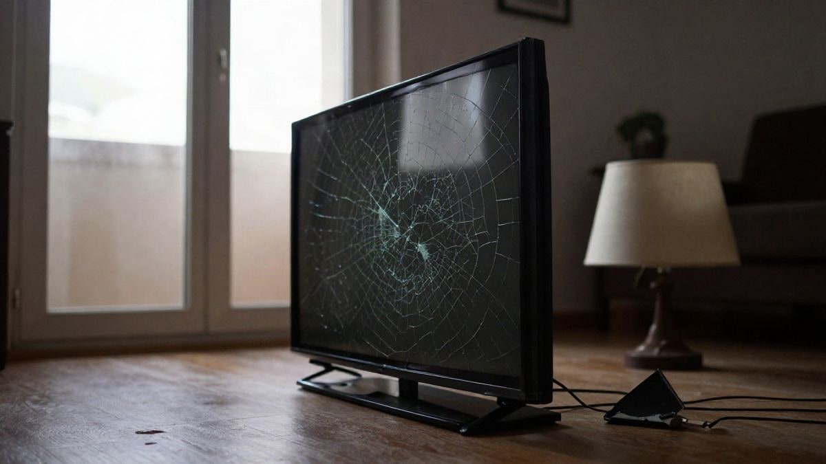 Imagen ilustrativa: un televisor roto en el suelo de una sala de estar con luz de madrugada, sin personas reconocibles.