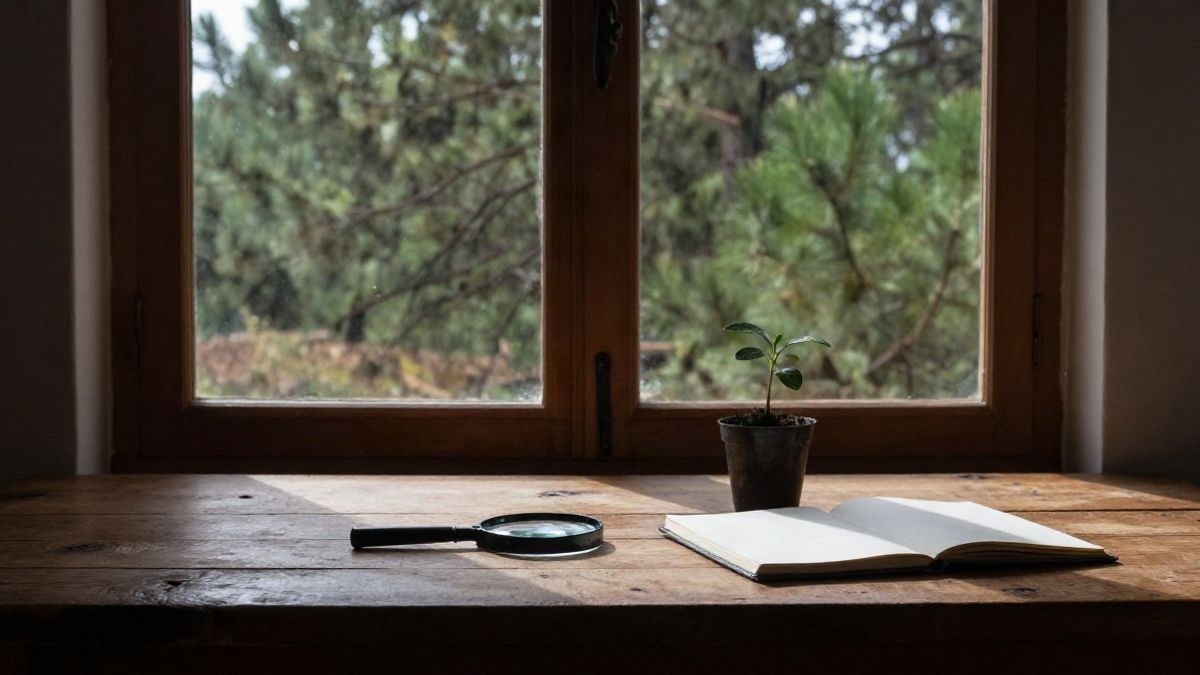 Imagen ilustrativa: mesa rústica junto a una ventana con lupa, planta y cuaderno, con bosque al fondo