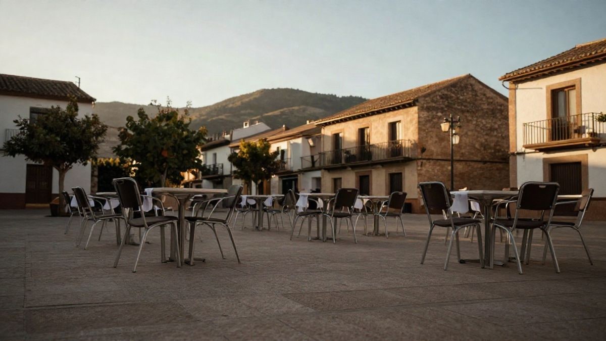 Imagen ilustrativa: plaza de un pueblo con mesas y sillas preparadas para una celebración comunitaria al atardecer