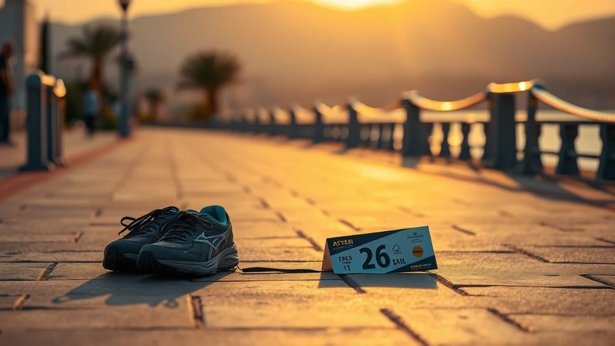 Illustrative image: running shoes and race number on the pavement of a promenade at sunset