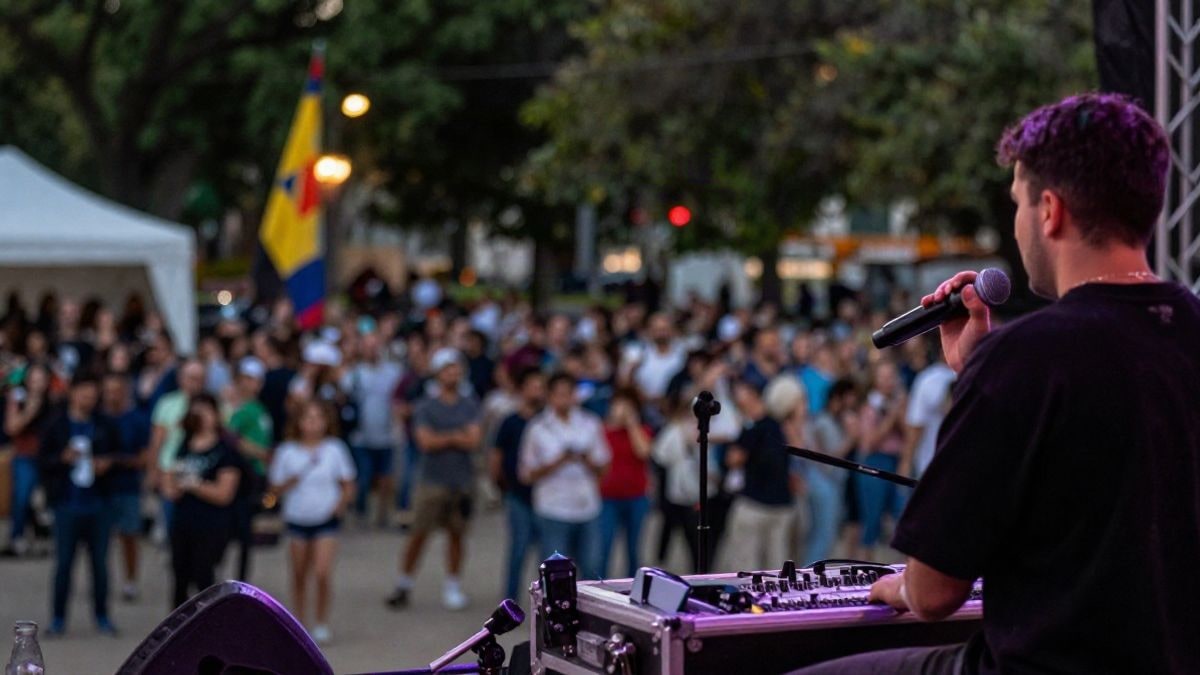 Imagen ilustrativa: escenario de un festival de música al aire libre al atardecer, con luces de colores y siluetas del público de espaldas.