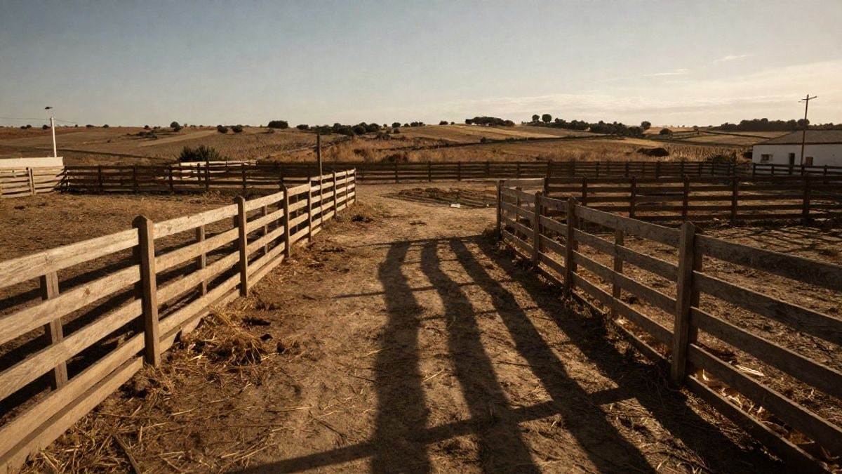 Illustrative image: wide-angle of a rural livestock venue with wooden pens at sunset