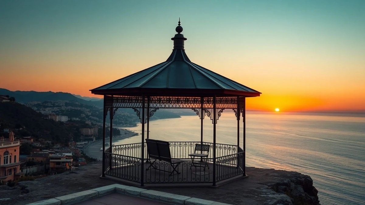 Corten steel gazebo shaped like a dodecagon on a cliff with views of the Mediterranean Sea at sunset