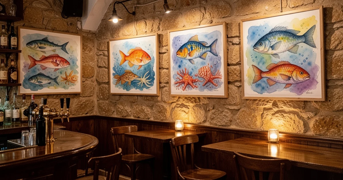 Interior del bar Goxo con acuarelas de peces en las paredes, Marbella