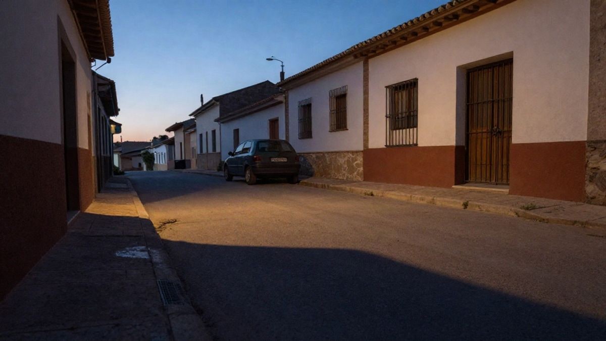 Illustrative image: quiet rural street at sunset with a parked car and long shadows on the pavement