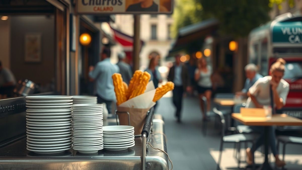 Imagen ilustrativa: un mostrador metálico con churros dorados en un cono de papel, al fondo un café de calle desenfocado.