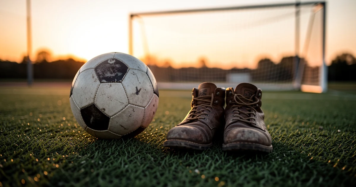 Balón de fútbol y botas sobre césped sintético al atardecer, con portería al fondo