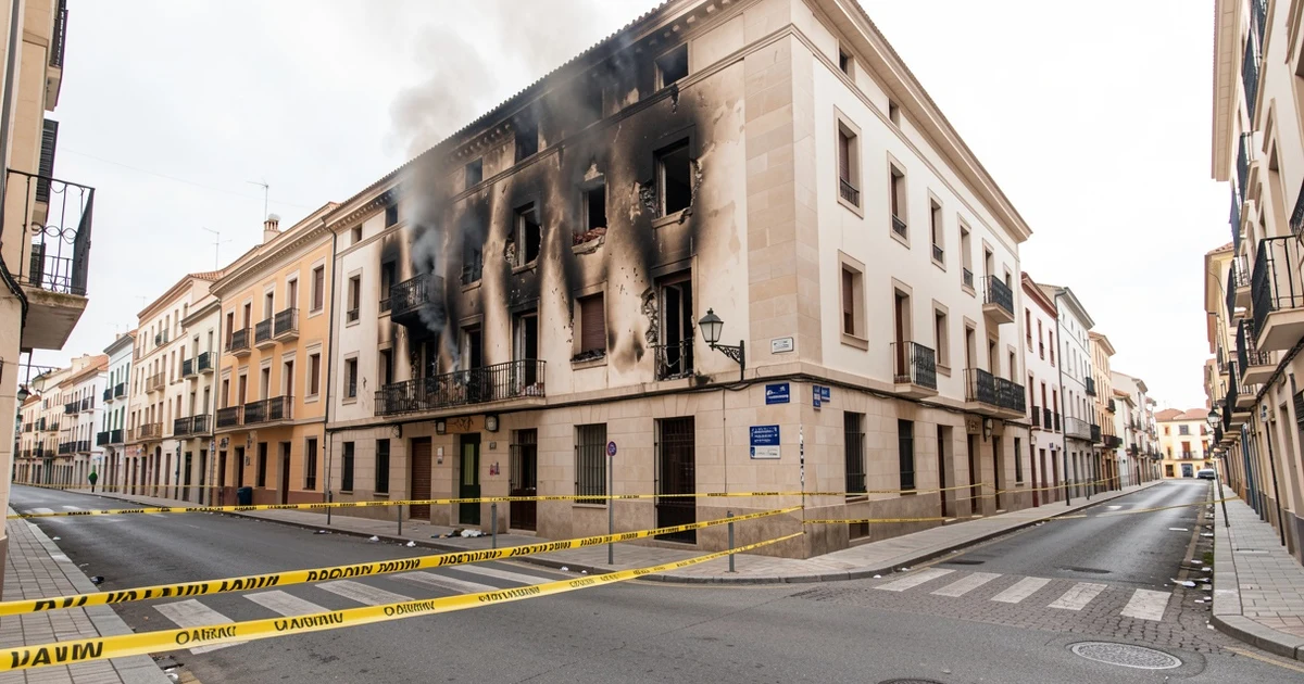 Edificio del hotel Ibis en Málaga con daños por incendio y cinta de seguridad